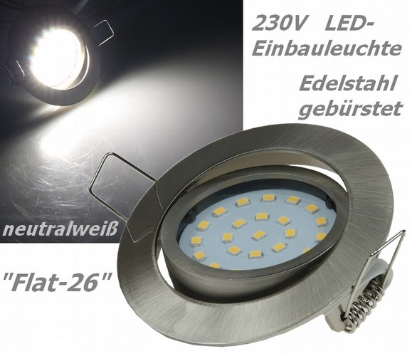 Flat-26 schicke LED-Einbauleuchte 9-21842 Edelstahl gebürstet, Lichtfarbe neutralweiß, 4W