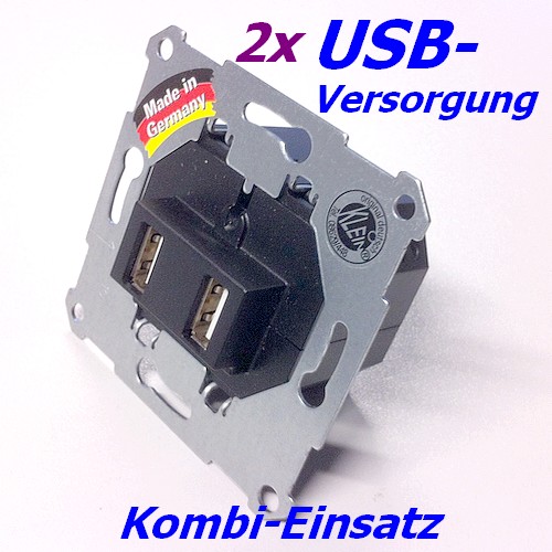 USB-Steckdose 2-fach 2x5V USB Spannungsversorgung Kombi-Einsatz 230V-Anschluss