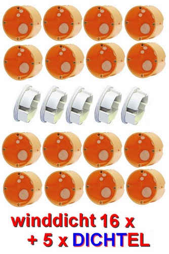 Set mit 16 Stück winddichte Hohlwanddosen Gerätedosen + 5x DICHTEL Steckdosen-Abdichtung