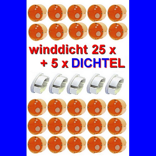Set mit 25 Stück winddichte Hohlwanddosen Gerätedosen + 5x DICHTEL Steckdosen-Abdichtung