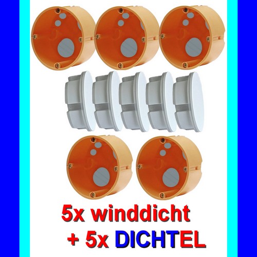 Set mit 5 Stück winddichte Hohlwanddosen Gerätedosen + 5x DICHTEL Steckdosen-Abdichtung