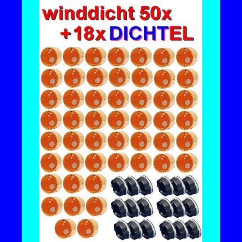 Set mit 50 Stück winddichte Hohlwanddosen Gerätedosen + 18x DICHTEL Steckdosen-Abdichtung