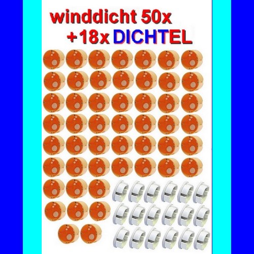 Set mit 50 Stück winddichte Hohlwanddosen Gerätedosen + 18x DICHTEL Steckdosen-Abdichtung