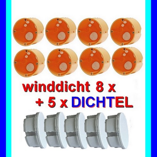 Set mit 8 Stück winddichte Hohlwanddosen Gerätedosen + 5x DICHTEL Steckdosen-Abdichtung