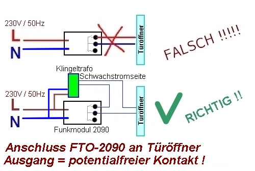 FTO-2090 Funk Türöffner Anschluss falsch + richtig