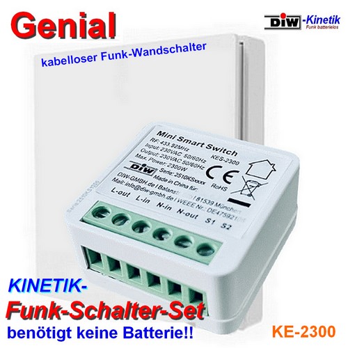 DIW-KINETIK Funkset KE-2300 mit Funkschalter KES-2300 + batterielosem Kinetik-Wandsender KWS-10