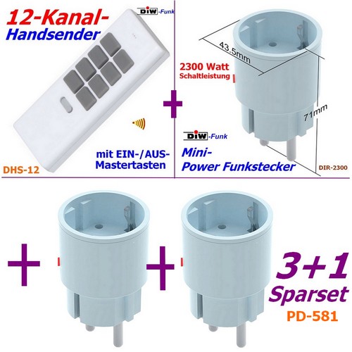 Sparset PD-581 DIW-Funk Set 3x Funkstecker DIR-2300 + Handsender DHS-12