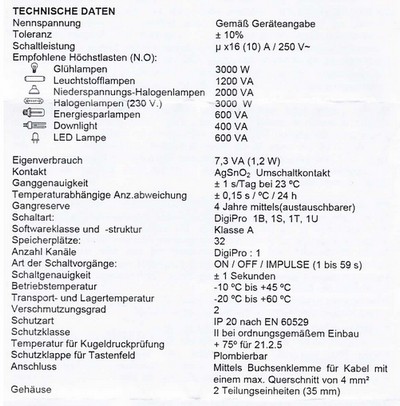 technische Daten DigiPro digitale Zeitschaltuhr von Suevia