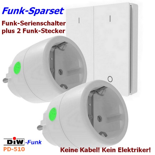 DIW-Funk Sparset-PD-510: 2x-Funksteckdose DSR-2300 mit Doppel-Funk-Wandsender DWS-22