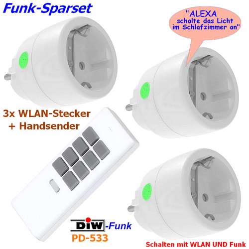DIW-Funk Sparset-PD-533: 3x-WLAN-Funksteckdose DWR-2000 mit 12-Kanal Handsender DHS-12